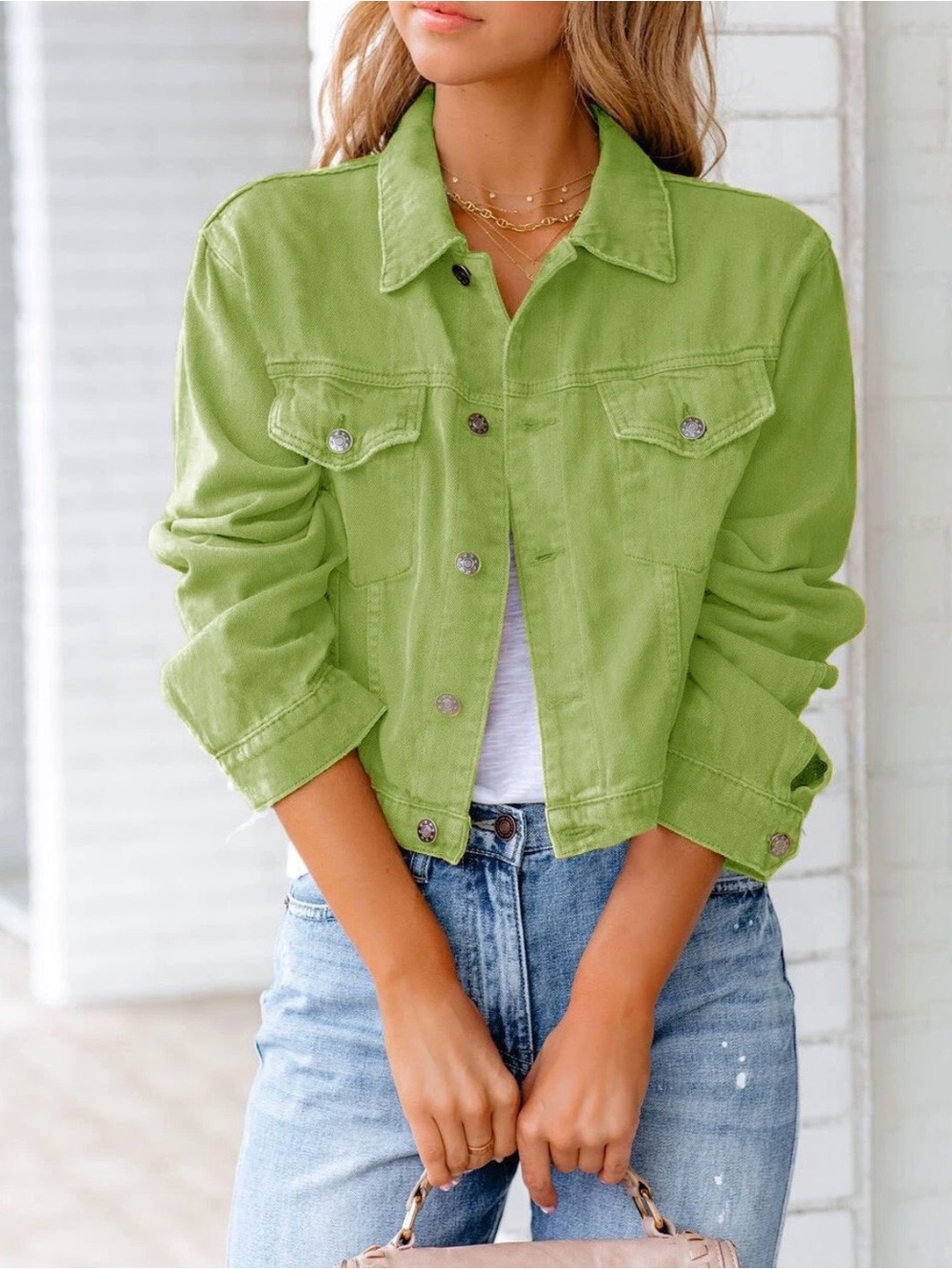Light πβπ© Lime Green Women's Classic Denim Jacket - Picture 4 of 10